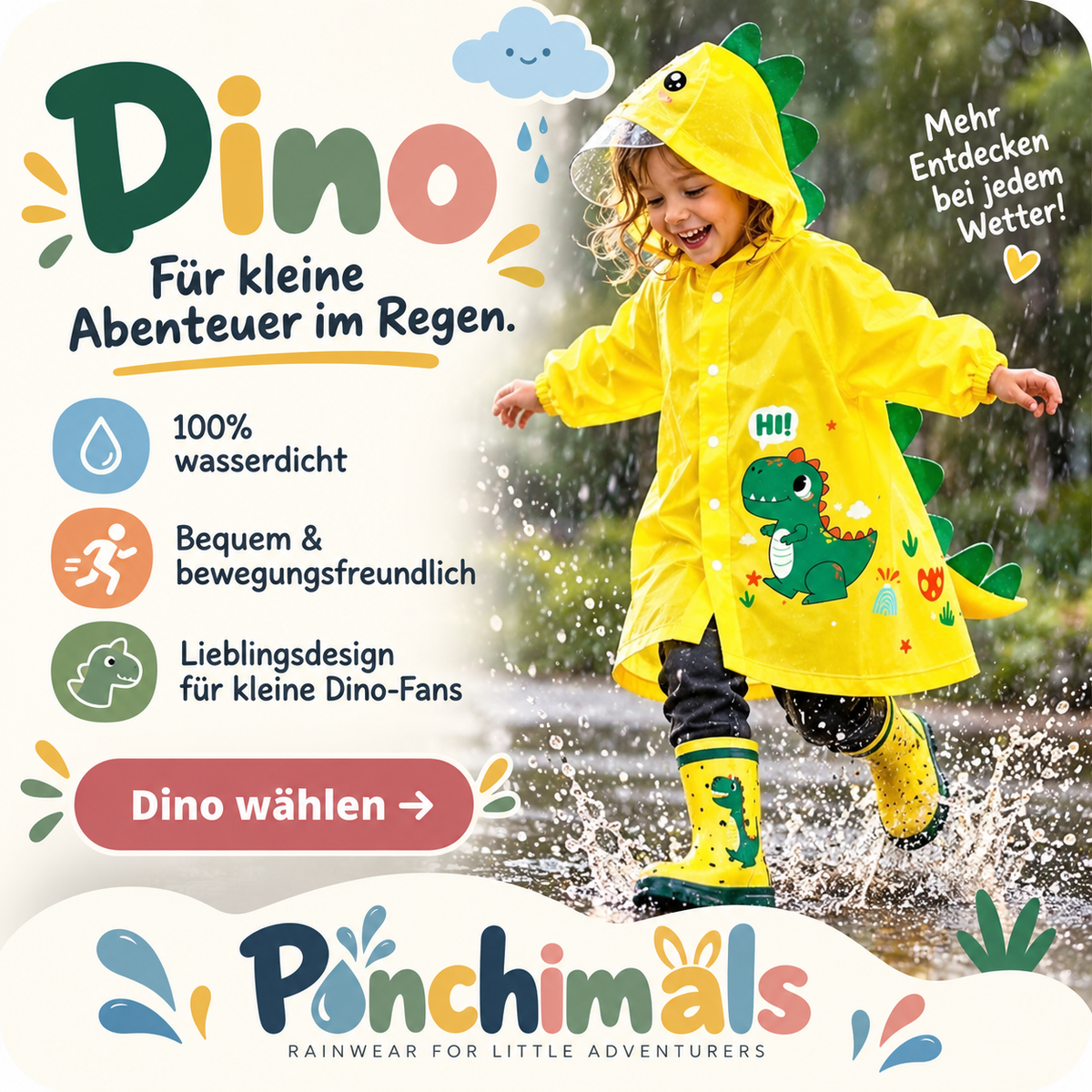 Ponchimals Kinder-Regenponcho – Wasserdicht, bequem & mit Rucksackfach