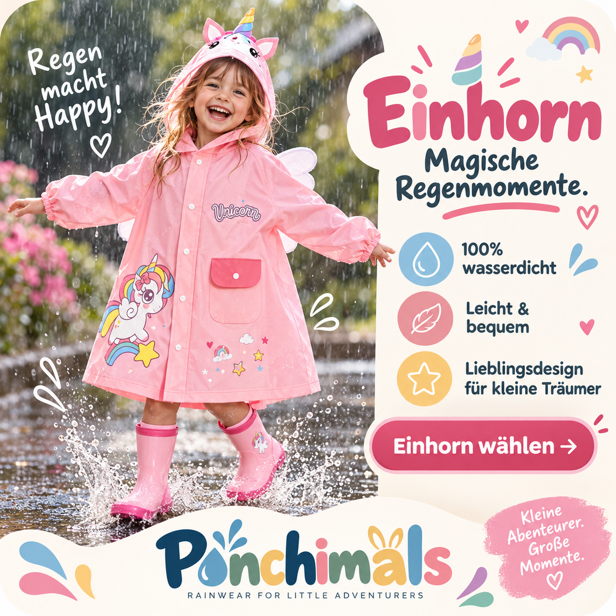 Ponchimals Kinder-Regenponcho – Wasserdicht, bequem & mit Rucksackfach