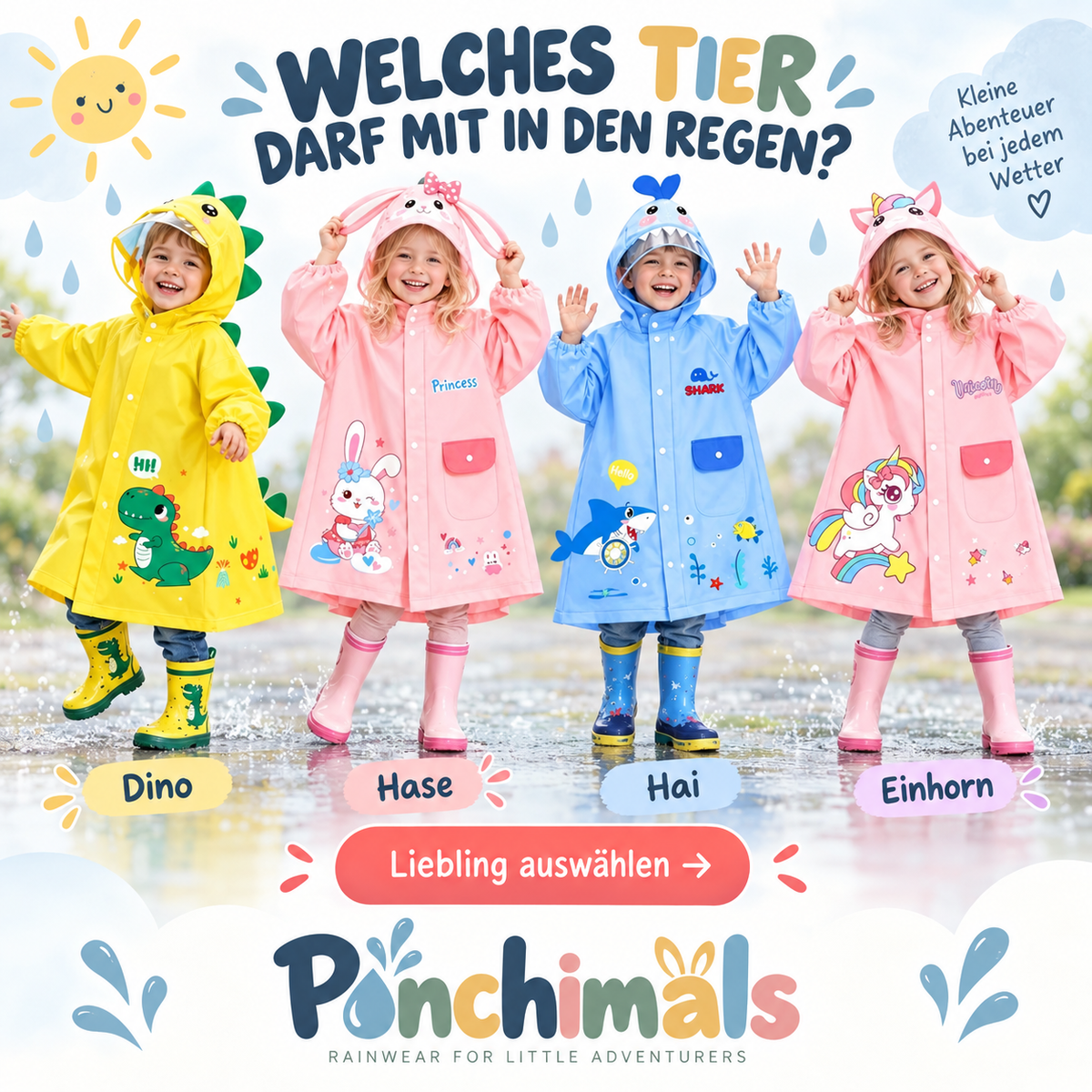 Ponchimals Kinder-Regenponcho – Wasserdicht, bequem & mit Rucksackfach