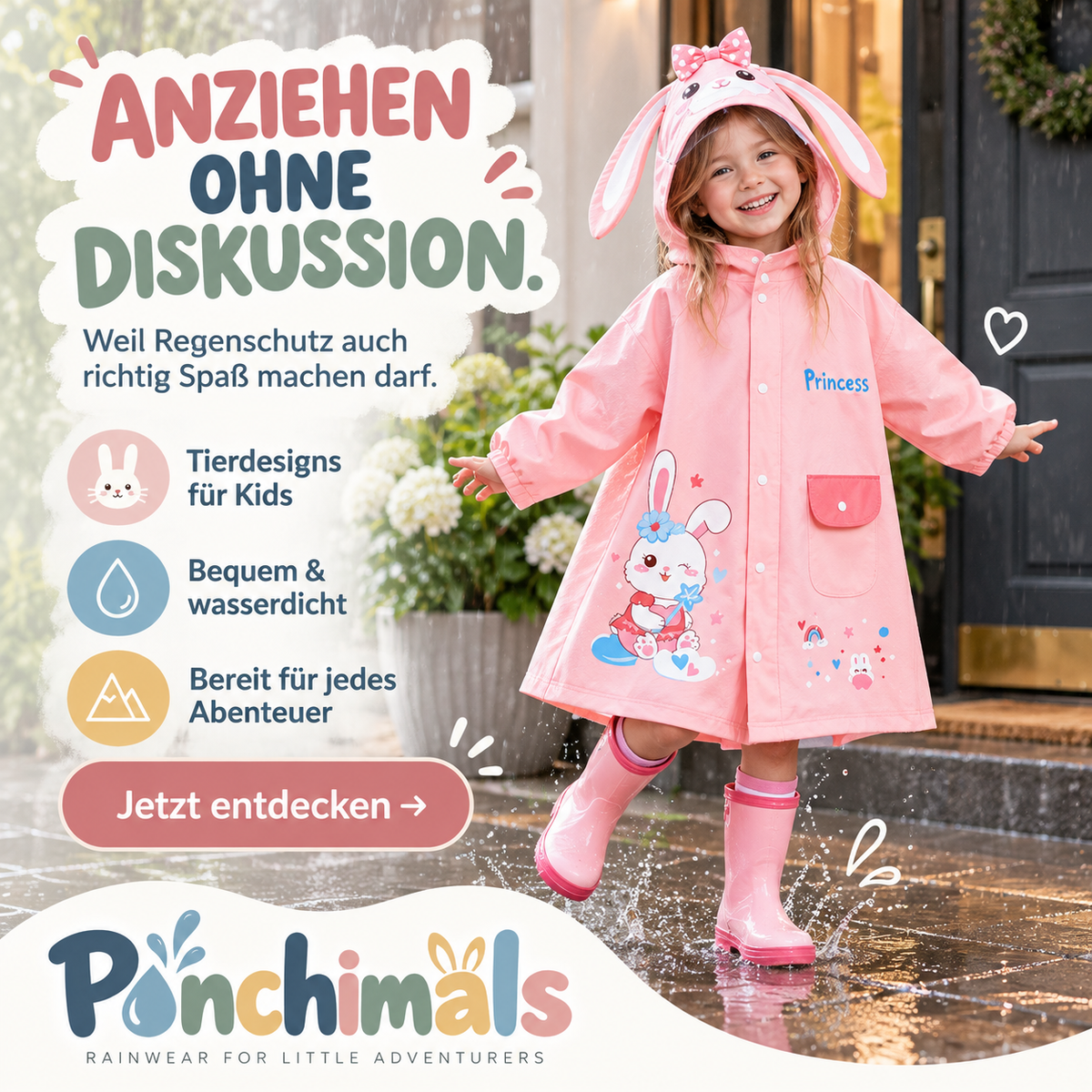 Ponchimals Kinder-Regenponcho – Wasserdicht, bequem & mit Rucksackfach